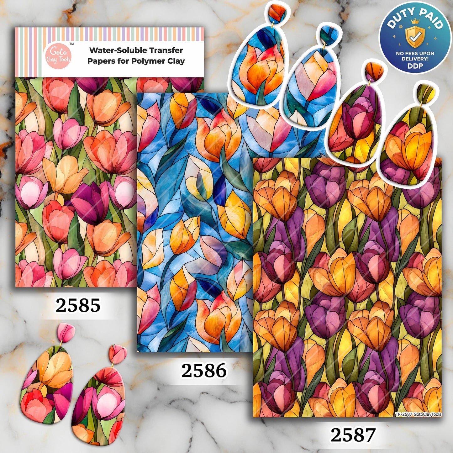 Stained Glass Tulips Transfer paper for polymer Clay Earring Making - Water Soluble Transfer Sheet 4x5.5 in #TP26-9