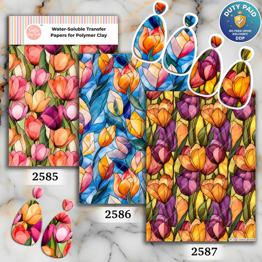 Stained Glass Tulips Transfer paper for polymer Clay Earring Making - Water Soluble Transfer Sheet 4x5.5 in #TP26-9
