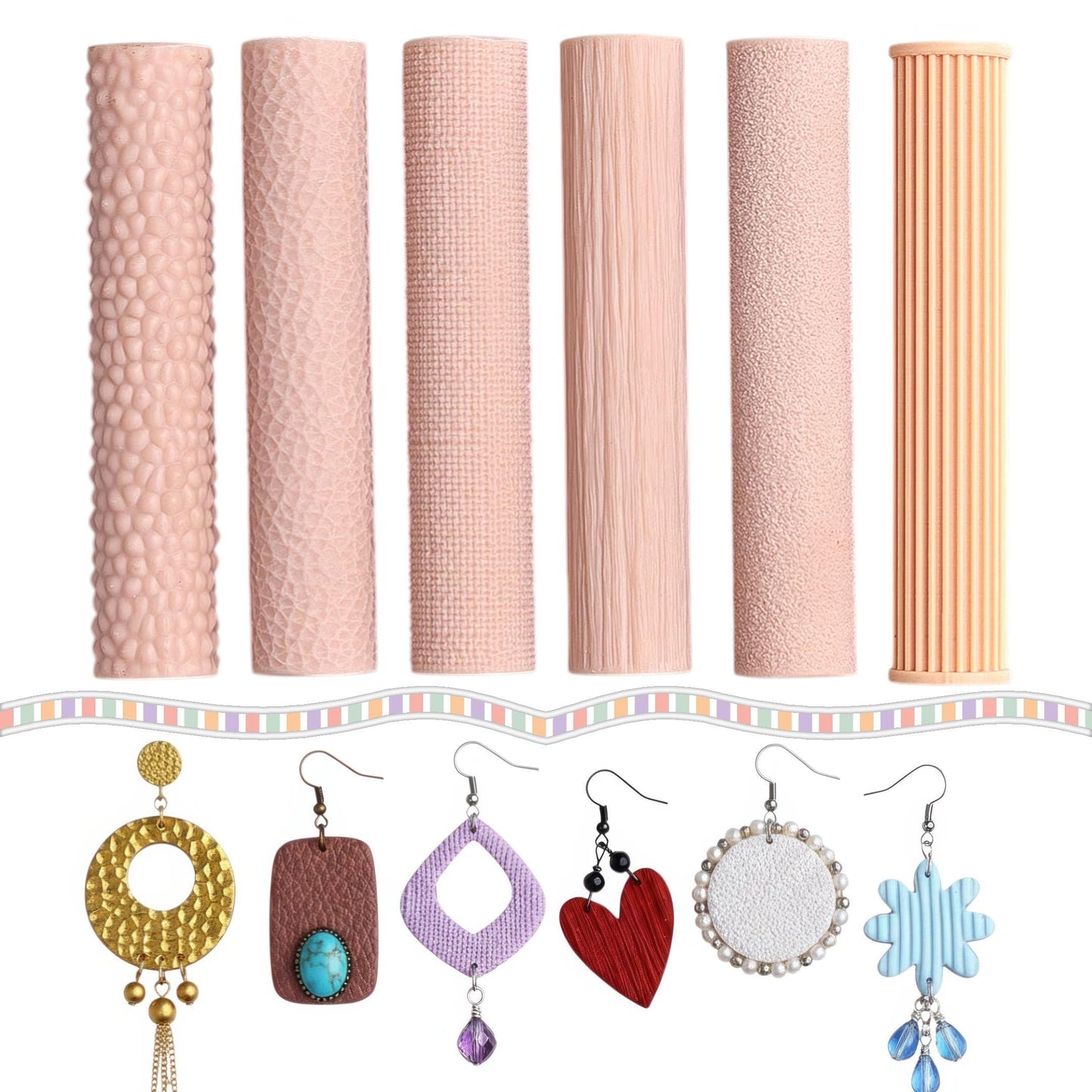 Polymer Clay Texture Roller Set – 6 Professional Surface Rollers for Jewelry | Brushed Metal, Jute, Leather & More | Core Studio Collection